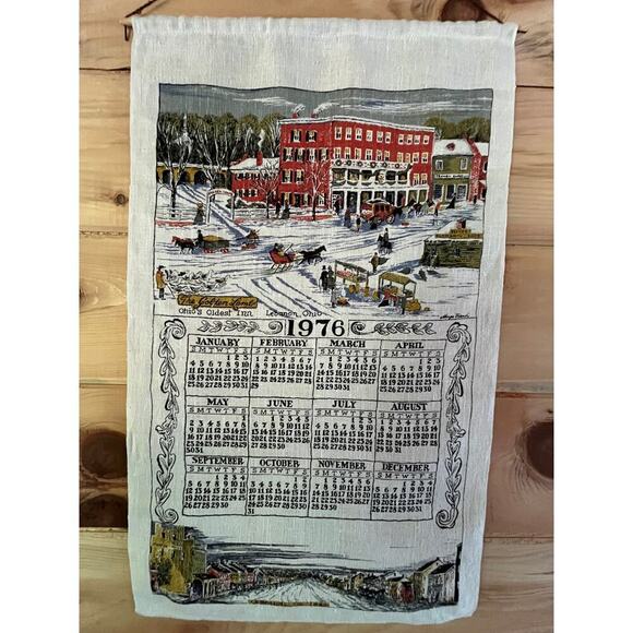 VTG Linen Tea Towel/Wall Hanger. Lebanon Ohio. The Golden Lamb. Winter - Picture 1 of 6